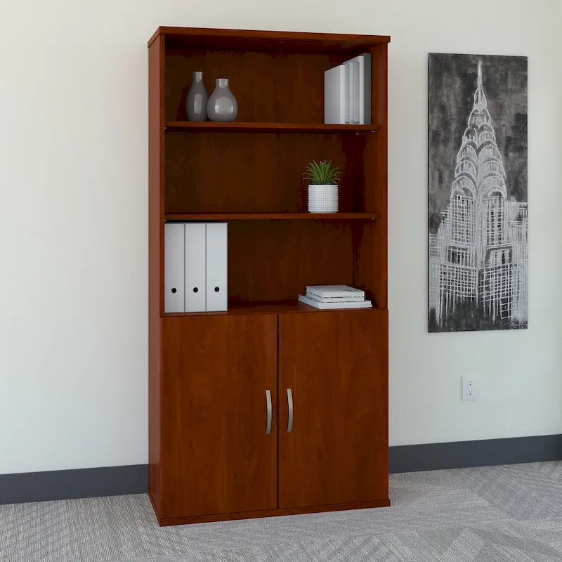36W 5-Shelf Bookcase with Doors – Enclosed Office Storage Cabinet for Home or Business