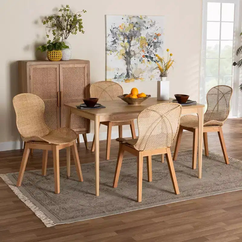Baxton Studio Sabelle Japandi Wood and Rattan 5-Piece Dining Set