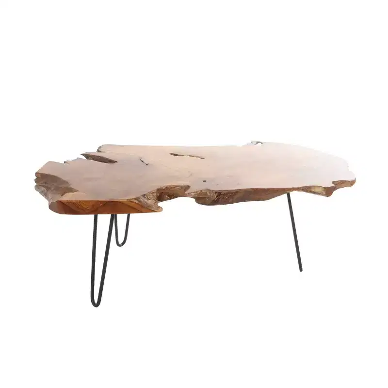 Olivia & May Teak Wood Handmade Live Edge Coffee Table with Black Metal Hairpin Legs Brown