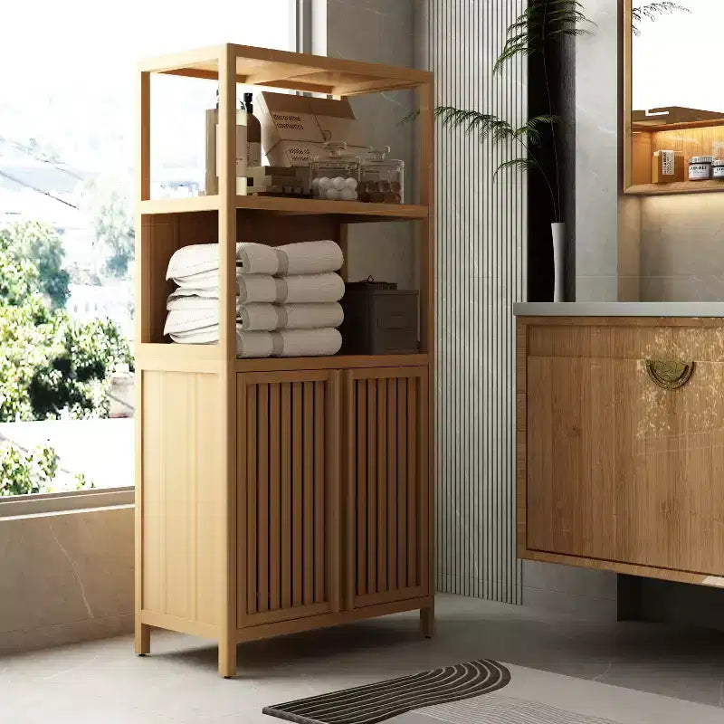 sumyeg Freestanding Bamboo Storage Cabinet with 2 Doors, Versatile Floor Organizer for Bathroom, Kitchen, Living Room