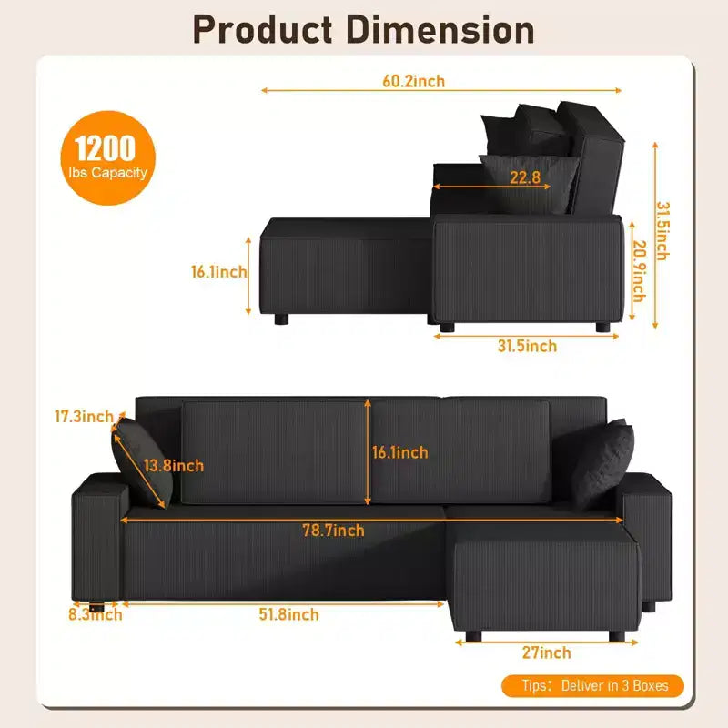 96 Modular Cloud Couch Sectional,Modern L-Shaped Corduroy Strip Sofa with Movable Ottoman,Sectional Couches for Living Room, Bedroom