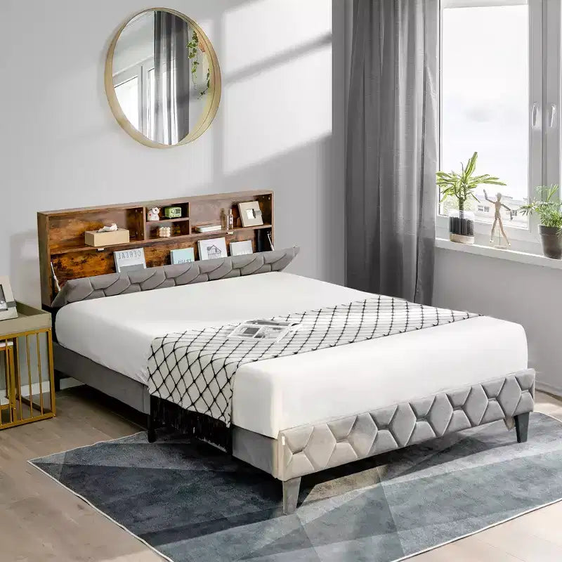 Costway Bed Frame Upholstered Platform Mattress Foundation with Storage Headboard