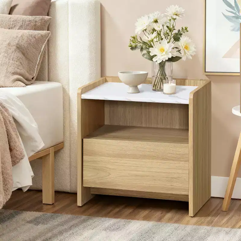 23 Oak Nightstand with Faux Marble Top, Wood Bedside Table with Open Storage Shelf, Brown