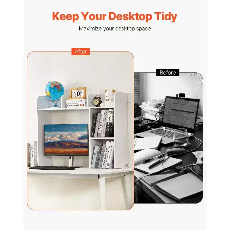 VIYET 29 2-Tier Desktop Bookshelf - White Wood, Anti-Slip Feet Pads
