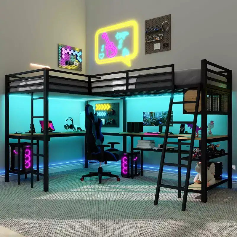 Twin Metal L-Shaped Loft Bed with Storage Shelves, 2 Built-in Desks - Black