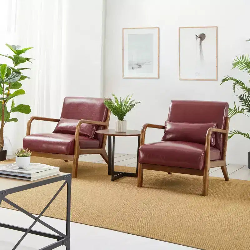 Mid-Century Modern Leatherette Arm Accent Chair Walnut Rubberwood Frame Burgundy - Glitzhome: Upholstered, 300lb Capacity