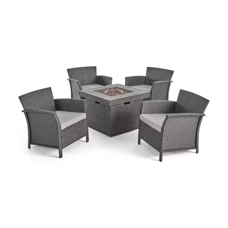 Christopher Knight Home Raina Outdoor Wicker 5 Piece Club Chair and Fire Pit Set with Cushion