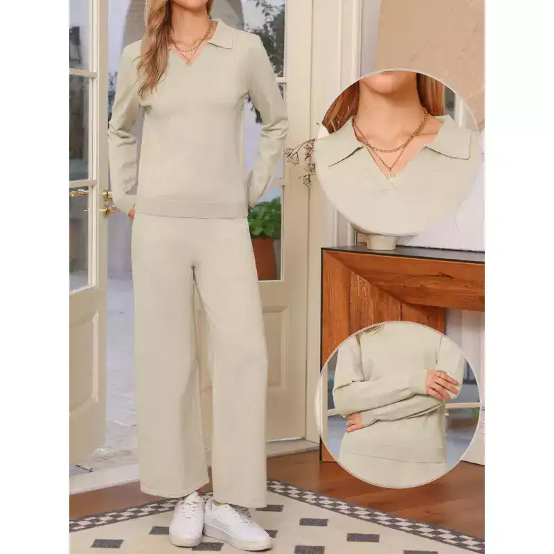 INSPIRE CHIC Women's V Neck Lounge Outfits Trendy Cozy Clothes Knit Sweater Top Wide Leg Pants Set 2 PCS