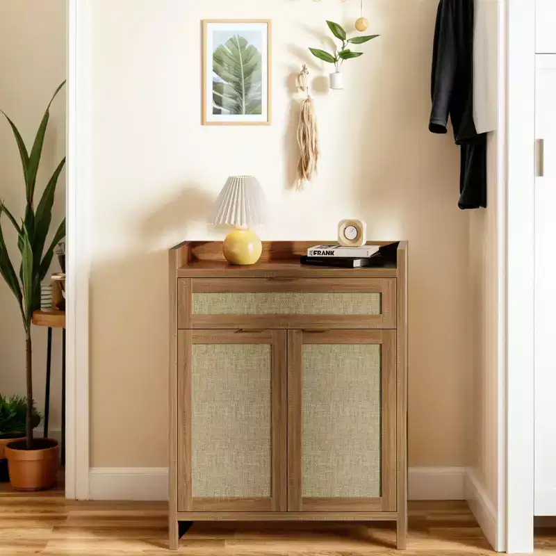 Shoe Cabinet, Wooden Storage Cabinet with Doors and Drawer, Rattan Buffet Cabinet Sideboard with Adjustable Shelf