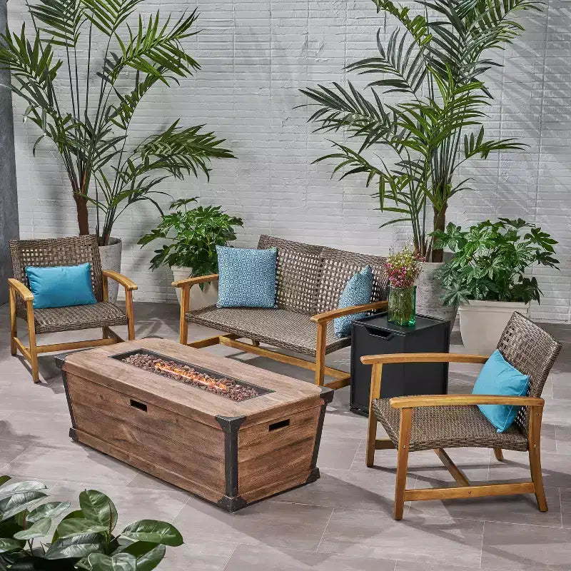 GDFStudio Savannah Outdoor Acacia Wood and Wicker 4 Seater Chat Set with 50,000BTU Fire Pit
