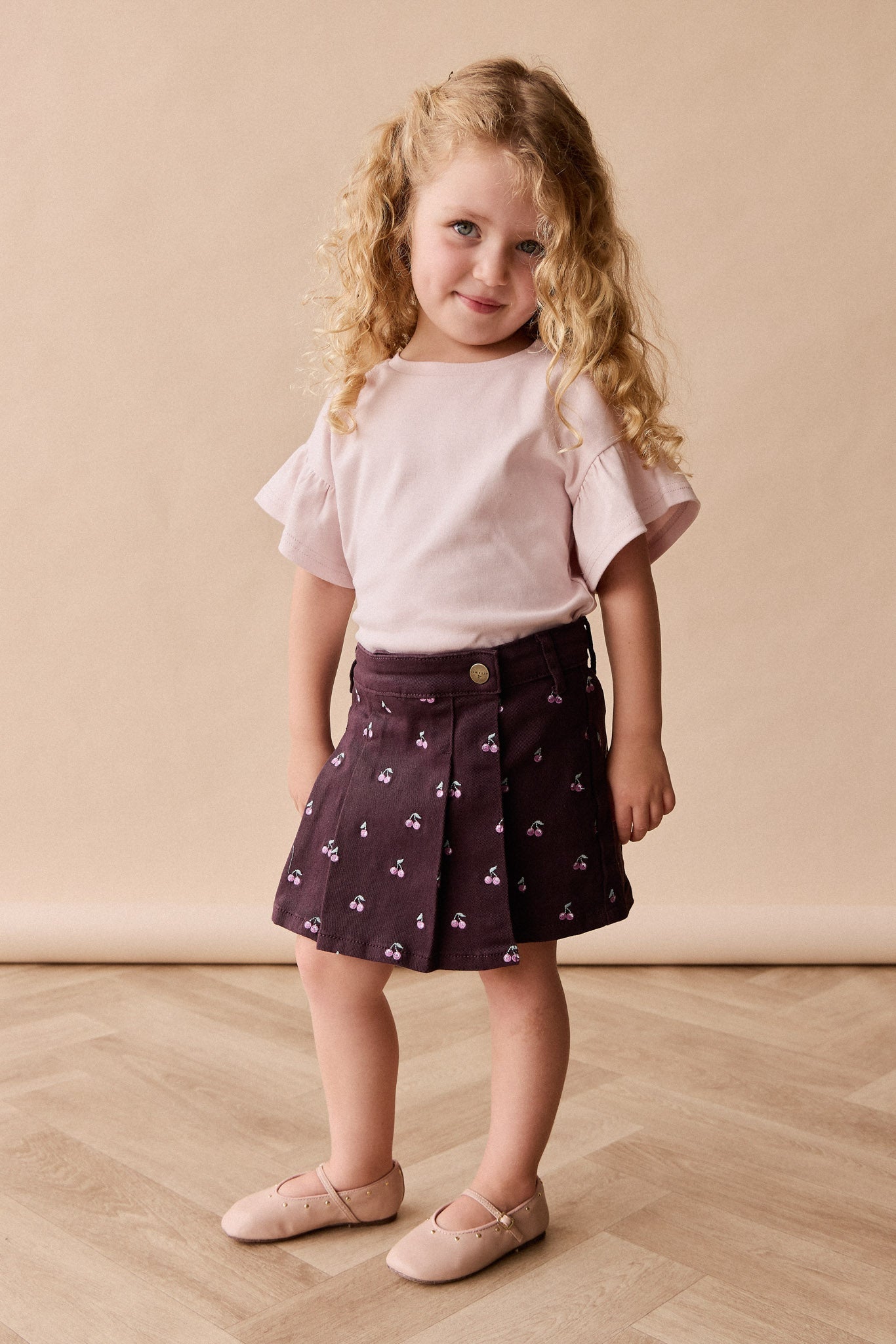 Romantic Plum Cherry Love Embroidered Cotton-Elastane Chelsea Skirt with Nickel-Free Hardware for Girls Everyday (1Y�C10Y)