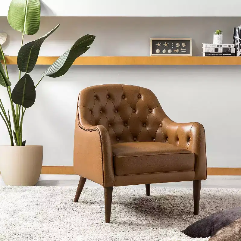 Set of 2 28.5 Wide Tufted Genuine Leather Wood Legs Accent Barrel Chair for Living Room with solid wood legs
