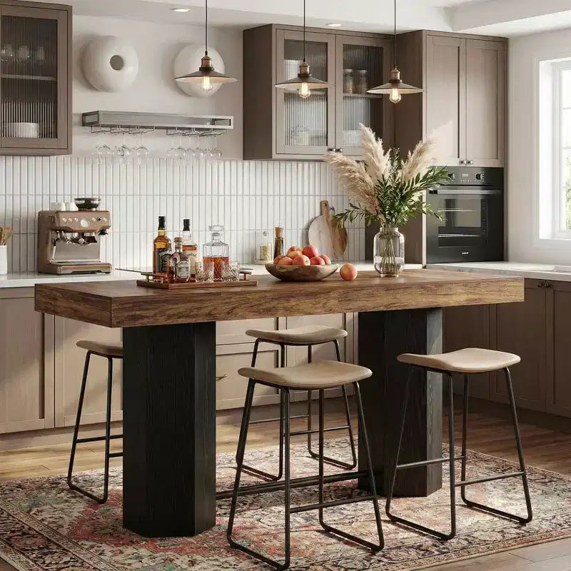 MAYEERTY 71 Industrial Bar Height Table, Walnut Woodgrain MDF Top 4-6 Person Home Bar Table with Hexagonal Base, 300lbs Capacity