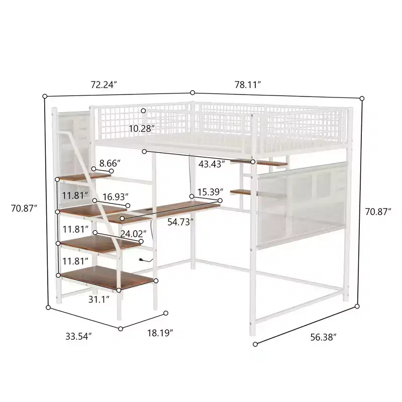 Bellemave Full size loft metal bed with white for bedroom and dormitory, with built-in charging station,Suitable for teenagers, white
