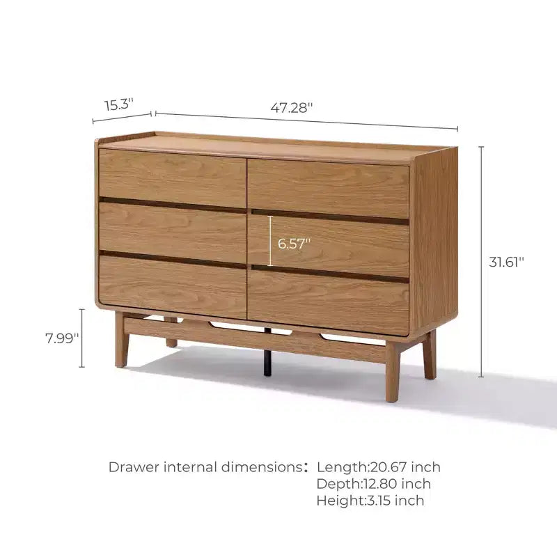 LuxenHome Mid-Century Style Natural Finish Dresser, 6 Drawers, Horizontal Storage, Engineered Wood Brown