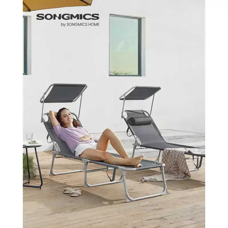 SONGMICS Sun Lounger, Patio Chaise Lounge Chair, Folding, with Canopy, 76 x 20.9 x 11.4 Inches, Holds 330 lb, Headrest, Adjustable Backrest