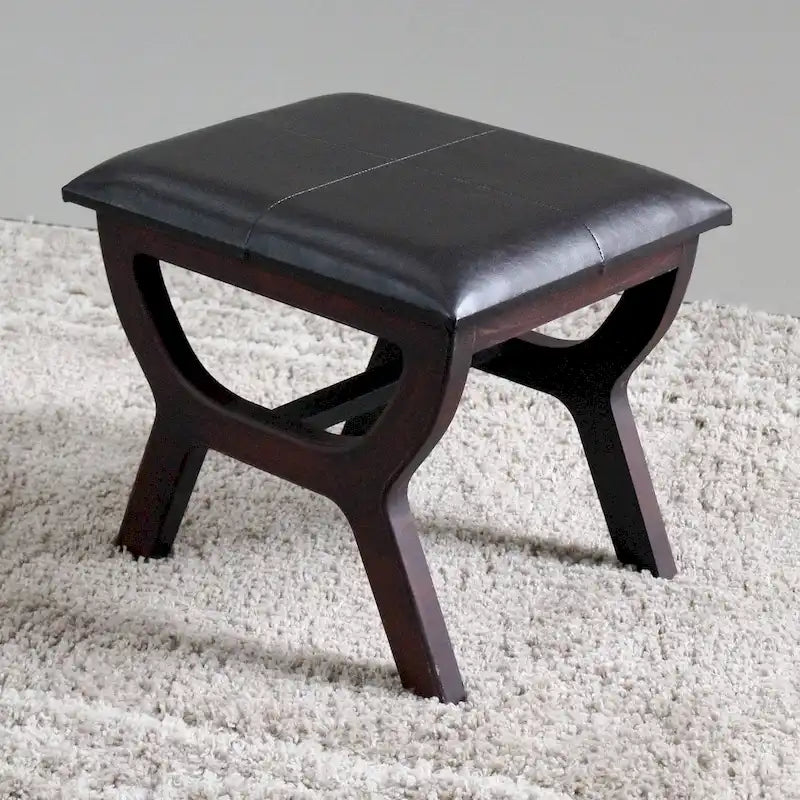 Rectangular Vanity Stool, Faux Leather Upholstery, Dark Brown Finish, 4-Leg Frame