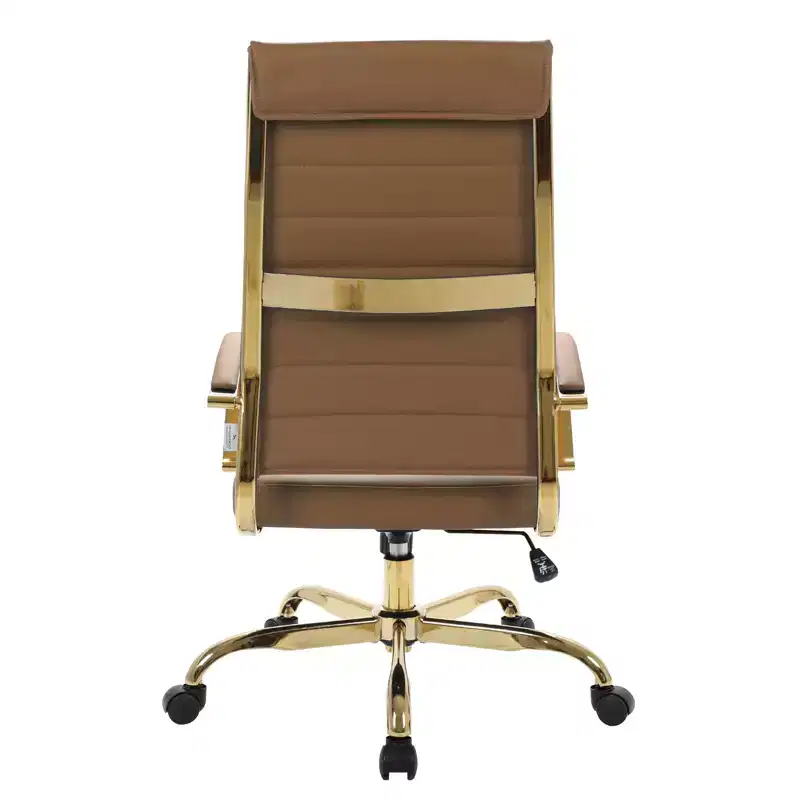 LeisureMod Benmar High-Back Ribbed Leather Office Chair - Modern Swivel & Tilt Executive Desk Chair - Gold Base