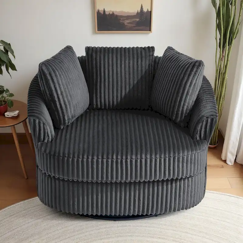 Oversized 43 W Plush Corduroy Recessed Arm Swivel Barrel Chair