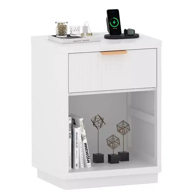 Fluted Nightstand with Charging Station and Drawers