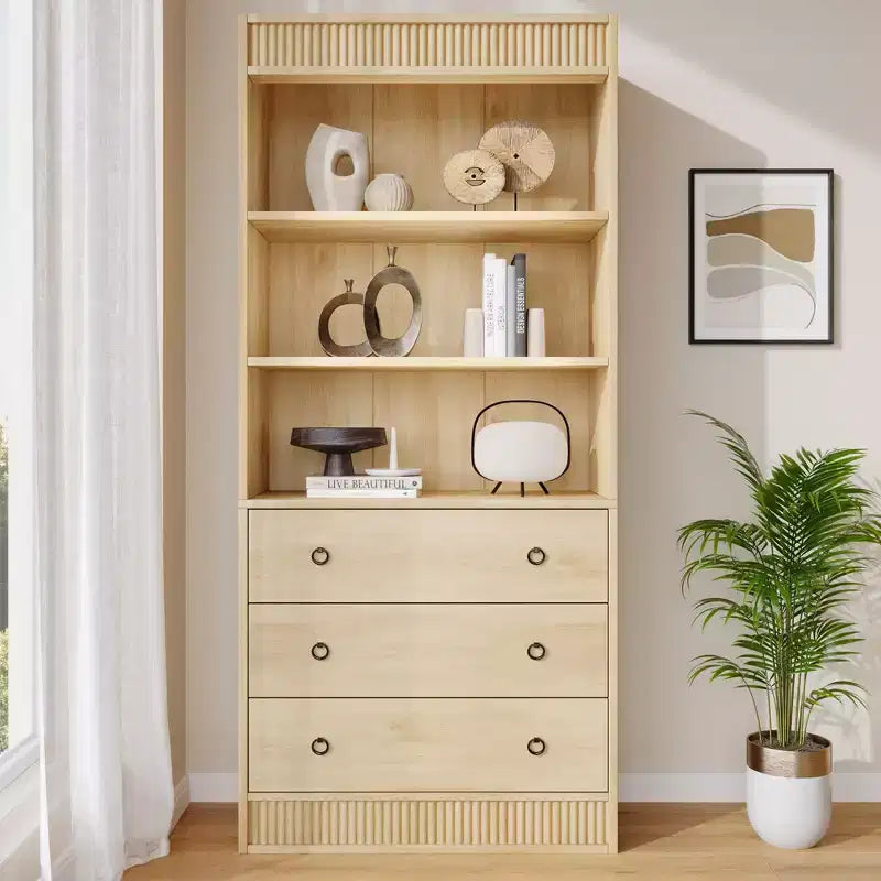 Bookshelf with Drawers 70.8 Fluted Bookcase, Light Wood Bookshelf 6 Tier Bookcase with Storage, Tall Book Shelf with Waved Design, Storage Cabinet