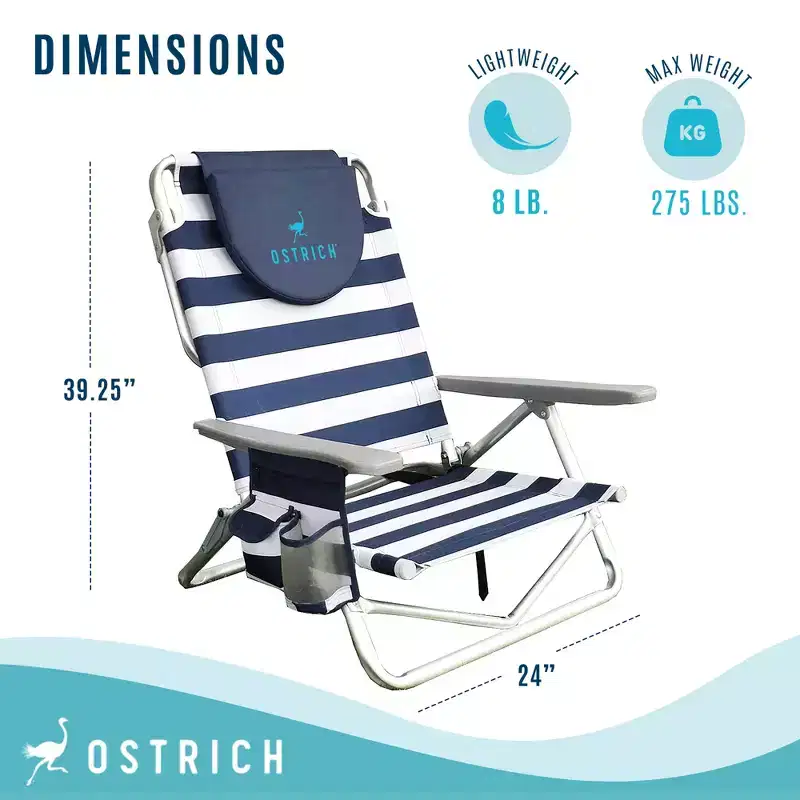 Ostrich On-Your-Back Portable Lightweight Sand Beach 6 Off-The-Ground Lounge Chair with 5 Adjustable Positions, Blue and White (2 Pack)