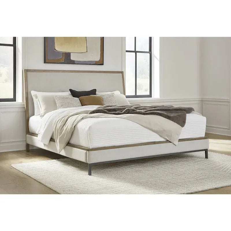 Beige/Light Brown Upholstered Platform Bed