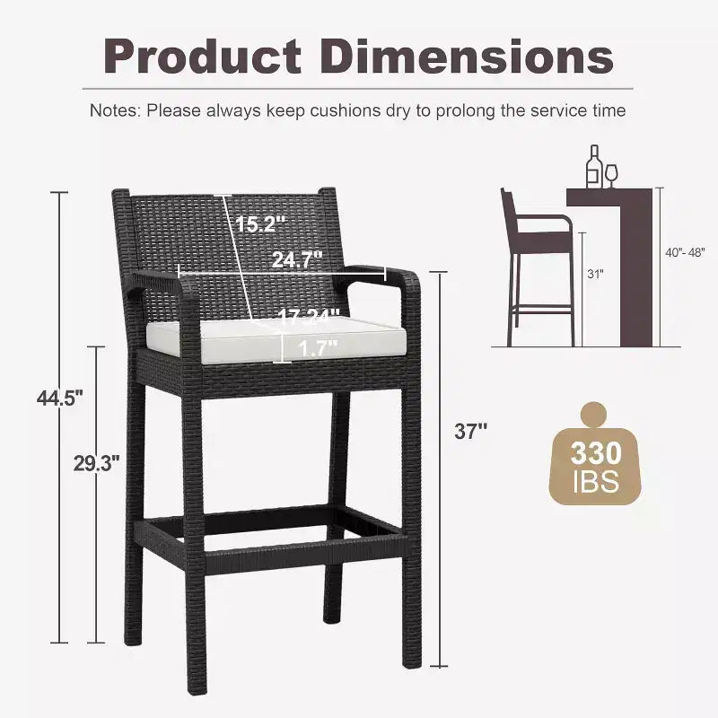 Outdoor Bar Stools Set of 2, Armrests and Cushions, Comfortable Seating, All-Weather Barstools, for Balcony, Garden, Pool, Deck